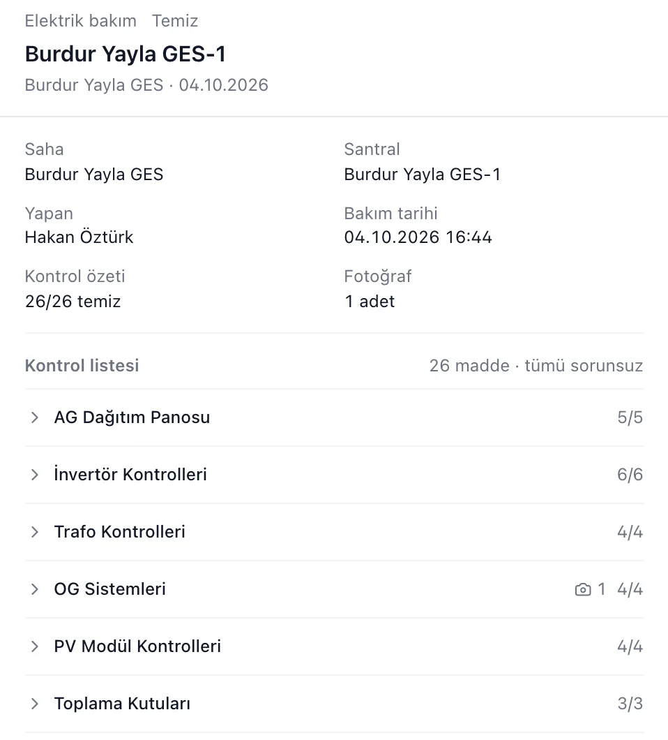 Elektrik bakım kaydı: yapan Hakan Öztürk, 26 maddelik kontrol listesi grup grup, fotoğraf