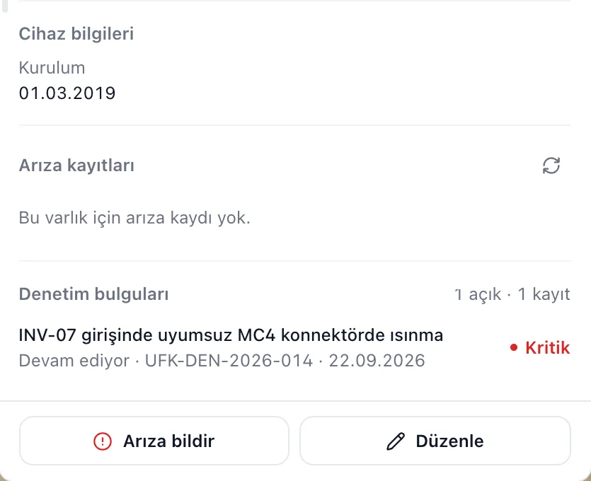 INV-07 invertör panelinden kesit: bağlı zincir, cihaz bilgileri, arıza kayıtları, denetim bulgusu ve Arıza bildir düğmesi