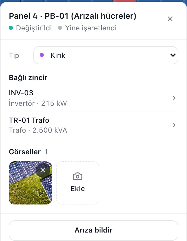 PB-01 masasında 4 numaralı panel: tip Kırık, bağlı invertör ve trafo, fotoğraf ve Arıza bildir düğmesi