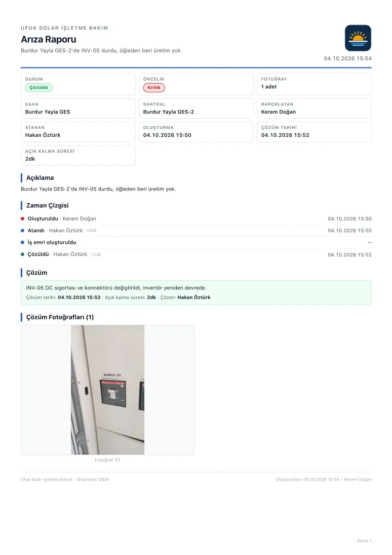 Arıza raporu ilk sayfası