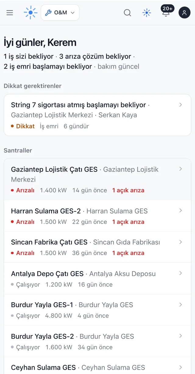Yönetici ana sayfası: bekleyen işler, dikkat gerektiren iş emri, santraller ve açık arızaları, sabah brifingi