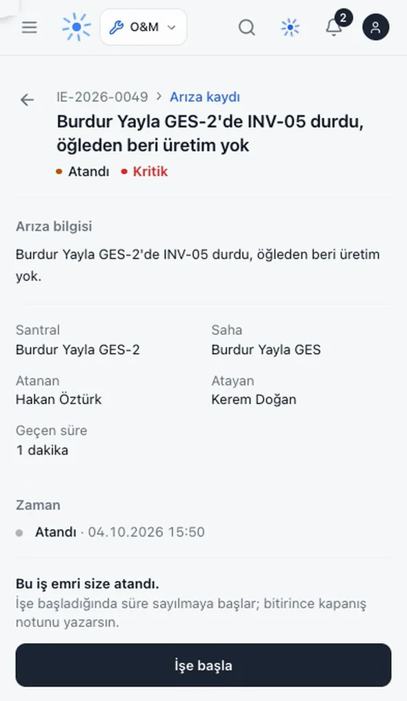 Teknikerin telefonu: IE-2026-0049 iş emri, Bu iş emri size atandı, İşe başla düğmesi