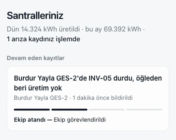 Santral sahibinin ekranı: devam eden kayıt ve Ekip atandı adımı