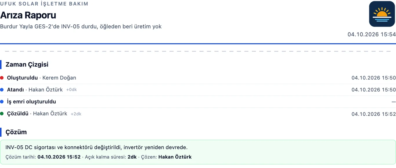 Arıza raporundan kesit: firma adı ve rapor başlığı, zaman çizgisi (oluşturuldu, atandı, iş emri, çözüldü) ve çözüm notu