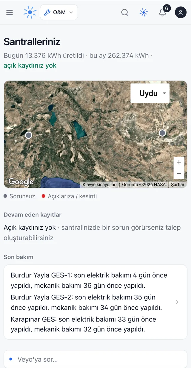 Santral sahibinin ana ekranı: üretim özeti, santral haritası, devam eden kayıtlar, son bakım